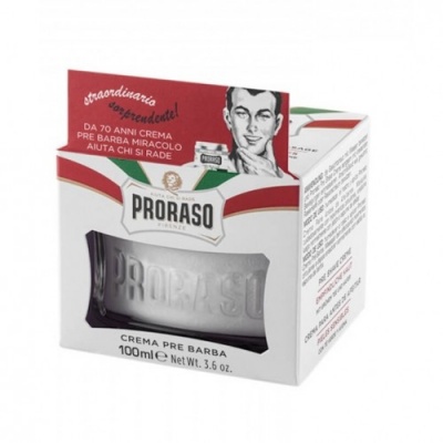 Creme pré-barba Proraso em embalagem branca, vermelha e verde com frasco de vidro.