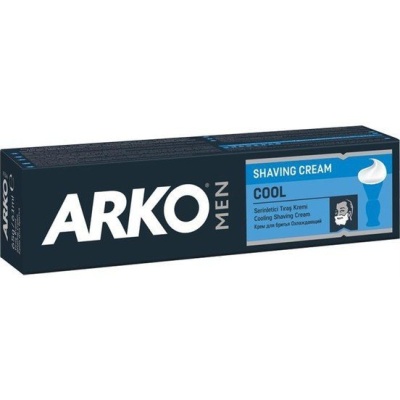Embalagem de creme de barbear ARKO MEN preto e azul com texto e imagem de rosto
