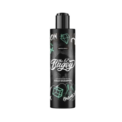 Frasco preto de shampoo com texto branco e detalhes gráficos verdes