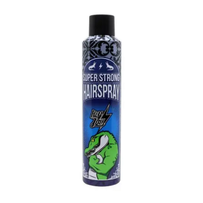 Spray para cabelo azul e preto com crocodilo verde e texto