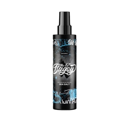 Frasco preto de spray para cabelo com texto branco e gráficos azuis
