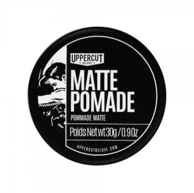 Tampa preta redonda de pomada para cabelo Matte Pomade Uppercut Deluxe com texto branco