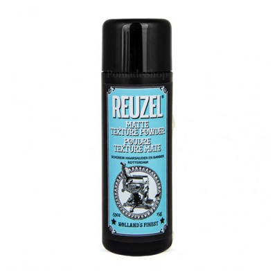 Frasco preto de pó capilar Reuzel com rótulo azul e texto branco e preto