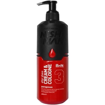 Frasco vermelho e preto de creme e colónia NISHMAN com bomba e texto visível.