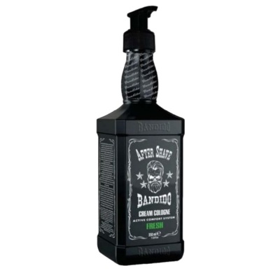 Frasco preto de loção After Shave Bandido com tampa de bomba e rótulo cinzento e branco