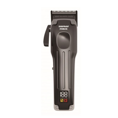 Aparelho de cortar cabelo elétrico preto com visor digital e texto visível.