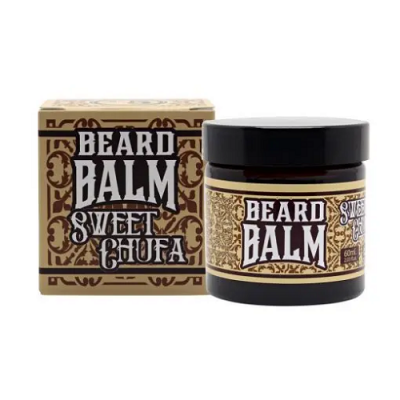 Bálsamo para barba BEARD BALM SWEET CHUFA em frasco castanho e caixa com padrões