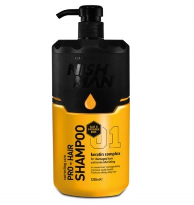 Frasco de champô NISH MAN Pro Hair 01 amarelo e preto com doseador.