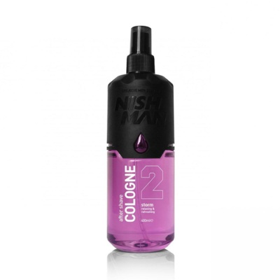 frasco de spray de colónia roxo e preto com texto branco