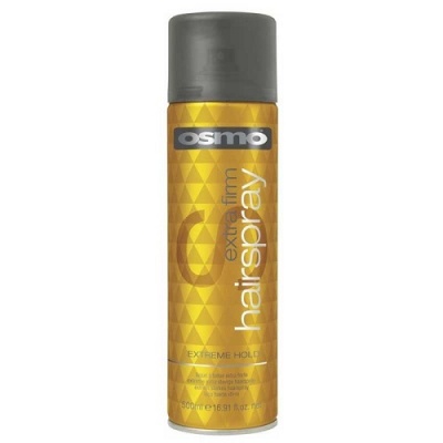 Spray de cabelo Osmo extra firm em frasco dourado com tampa cinzenta