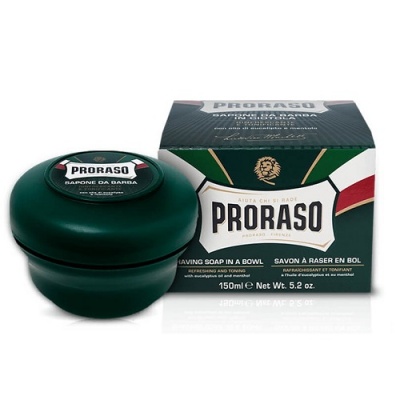 Sabonete de barbear PRORASO em pote verde escuro com caixa verde, branca e vermelha