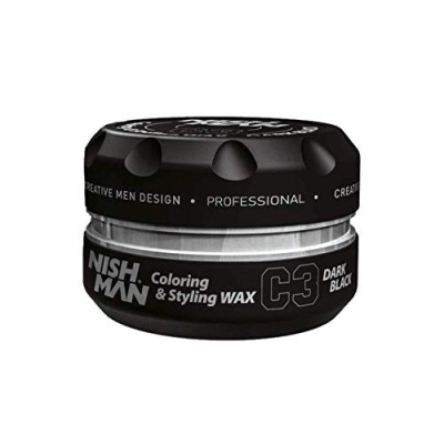 Frasco preto de cera para cabelo NISH MAN C3 DARK BLACK com tampa preta
