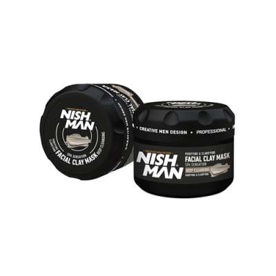 Máscara de barro facial NISH MAN em embalagem preta com letras brancas e douradas