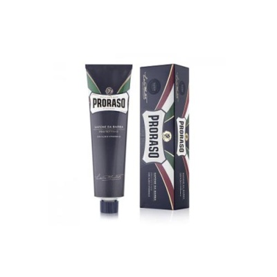 Creme de barbear Proraso em tubo e caixa com padrão tricolor