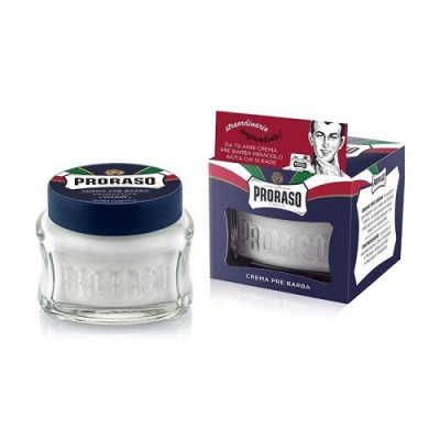 Creme de barbear Proraso em pote de vidro com tampa azul e caixa azul com detalhes da bandeira italiana