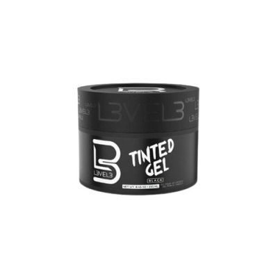 Frasco preto de gel tintado LEVEL3 com texto branco sobre fundo branco