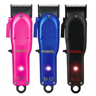 Três máquinas de cortar cabelo REBEL em rosa, azul e preto