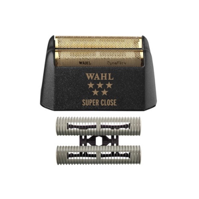 Cabeça para aparelho de barbear elétrica preta com lâminas douradas e peça metálica prateada