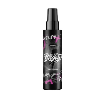 Frasco spray preto com texto e detalhes em rosa e branco