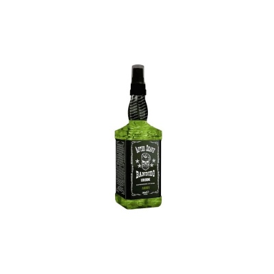 Frasco spray verde com etiqueta preta e branca com texto
