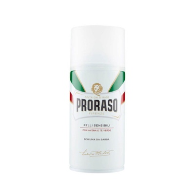 Frasco de espuma de barbear Proraso branco com detalhes em verde, vermelho e dourado