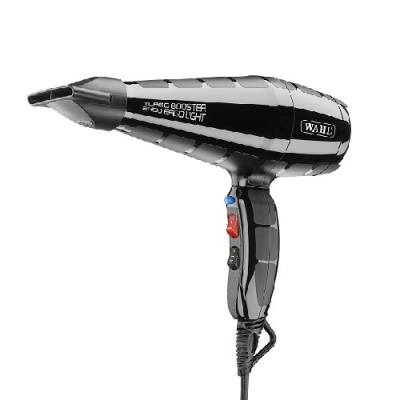 Secador de cabelo preto brilhante com texto e botões coloridos