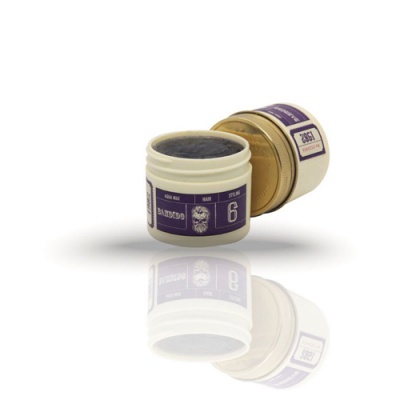 Potinho branco de cera para cabelo com tampa dourada e etiqueta roxa aberto