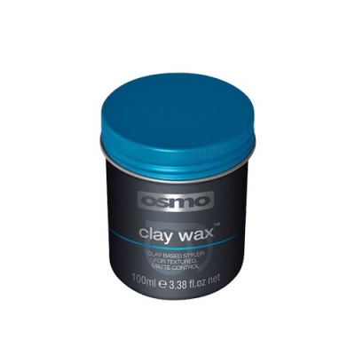 Frasco preto Osmo clay wax com tampa azul para modelagem de cabelo