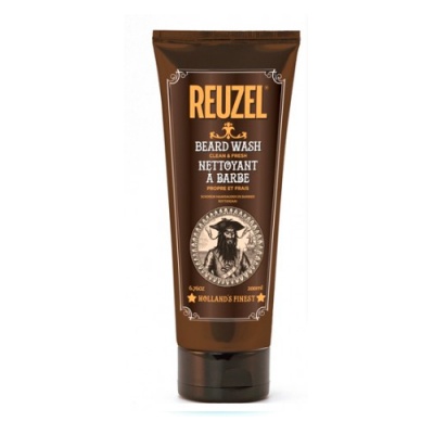 Frasco castanho de Reuzel Beard Wash com tampa escura e imagem de homem barbudo.