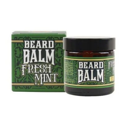 Frasco e caixa verde de bálsamo para barba com rótulo 'BEARD BALM FRESH MINT'.