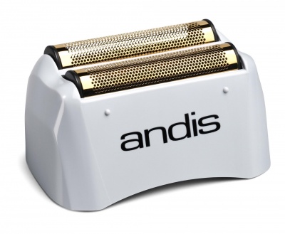 Cabeça de aparador de pêlos Andis com lâminas douradas e corpo branco