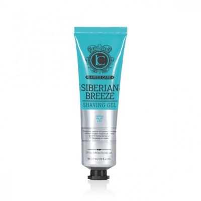 Tubo de gel de barbear azul e prateado com texto 'SIBERIAN BREEZE SHAVING GEL'. 