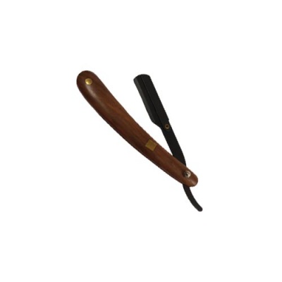 Navalha de barbear com cabo de madeira castanha e lâmina preta dobrável