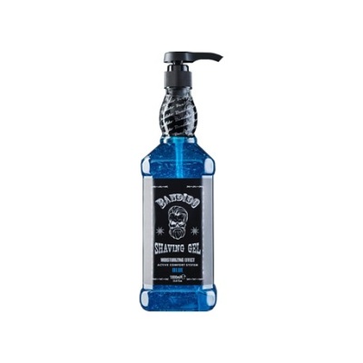 Gel de barbear azul com doseador e rótulo preto com texto branco