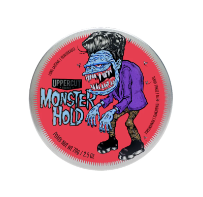 Pote de cera de cabelo Uppercut Deluxe Monster Hold com ilustração de monstro azul