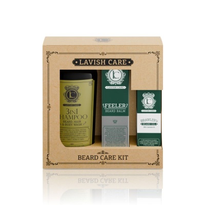 Conjunto Lavish Care Beard Care Kit com três produtos para barba em caixa castanha
