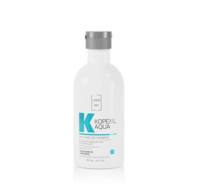 Frasco branco de shampoo Kopexil Aqua com tampa cinza