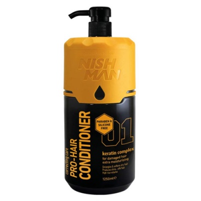 Frasco preto e amarelo de condicionador Nish Man Pro-Hair com texto destacado
