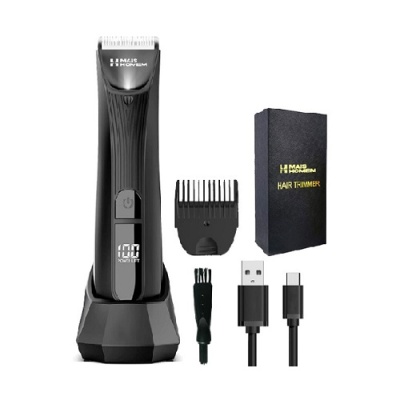 Aparador de cabelo preto com acessórios e caixa preta