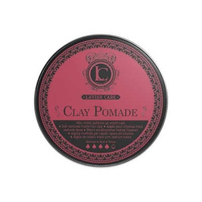 Embalagem redonda de Clay Pomade Lavish Care com tampa rosa e detalhes pretos