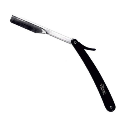 Navalha de barbear com cabo preto e lâmina metálica dobrável