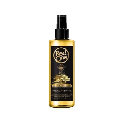 Frasco de Red One Gold Barber Cologne dourado com pulverizador preto e rótulo preto e dourado