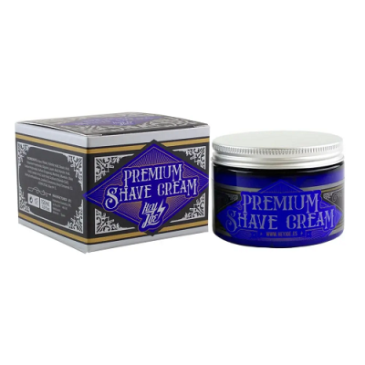 Creme de barbear Premium Shave Cream em frasco azul e caixa preta