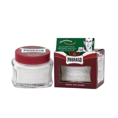 Creme pré-barba Proraso em frasco de vidro com tampa vermelha e embalagem vermelha