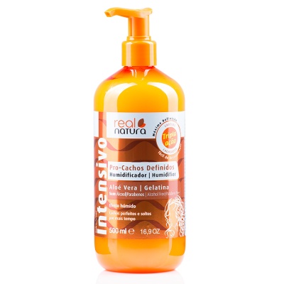 Frasco laranja com doseador amarelo de humificador para cabelo Real Natura Pro-Cachos