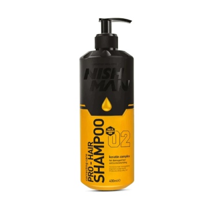 Frasco de shampoo Nish Man Pro+ Hair 02 amarelo e preto com dispensador