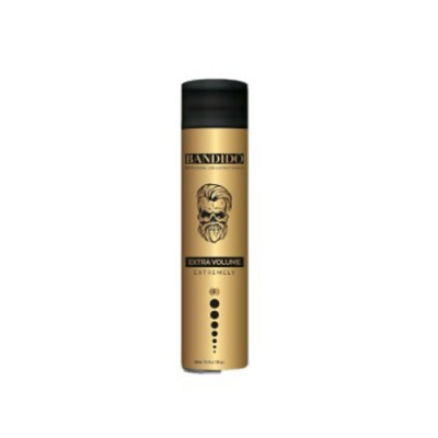 Spray de cabelo BANDIDO Extra Volume em frasco dourado com tampa preta