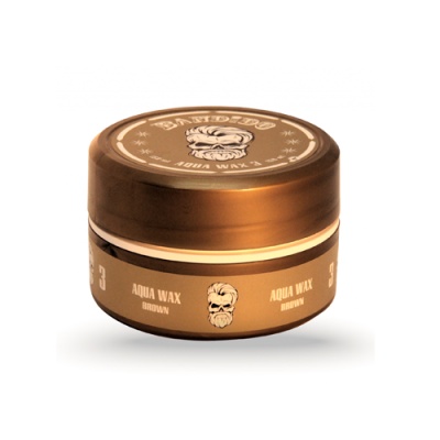 Frasco redondo de pomada para cabelo Barbero Aqua Wax castanha com tampa marrom