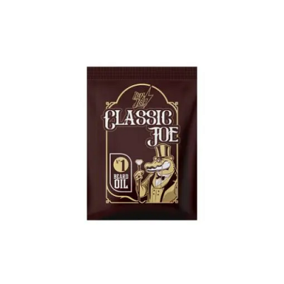 Saco de óleo para barba Classic Joe castanho com texto branco e dourado e ilustração de homem com barba