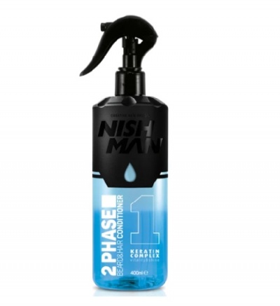 Frasco azul translúcido com dispensador em spray preto de condicionador para barba e cabelo NISH MAN